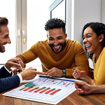 **A group of diverse people happily gathered around a table, reviewing stock charts and celebrating a successful investment. The atmosphere is collaborative and supportive.**