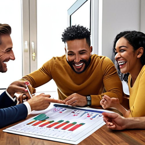 **A group of diverse people happily gathered around a table, reviewing stock charts and celebrating a successful investment. The atmosphere is collaborative and supportive.**