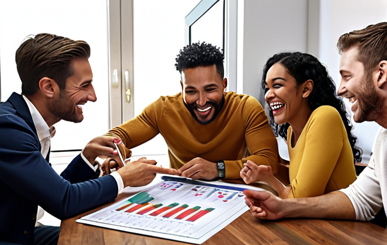 **A group of diverse people happily gathered around a table, reviewing stock charts and celebrating a successful investment. The atmosphere is collaborative and supportive.**